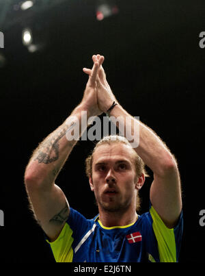 Jakarta, Indonesia. 20th June, 2014. Jan O Jorgensen of Denmark gestures after winning the quarterfinal of BCA Indonesia Open 2014 against Son Wan Ho of South Korea at Istora Senayan Jakarta, Indonesia, June 20, 2014. Jan O Jorgensen won 2-0. © Veri Sanovri/Xinhua/Alamy Live News Stock Photo