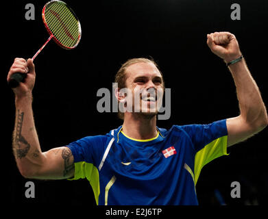 Jakarta, Indonesia. 20th June, 2014. Jan O Jorgensen of Denmark celebrates after winning the quarterfinal of BCA Indonesia Open 2014 against Son Wan Ho of South Korea at Istora Senayan Jakarta, Indonesia, June 20, 2014. Jan O Jorgensen won 2-0. © Veri Sanovri/Xinhua/Alamy Live News Stock Photo