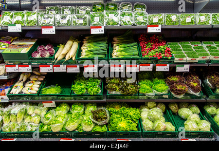 Shelf with food in a supermarket. Refrigerated, salad, vegetables, packed in plastic,