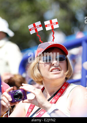 Eastbourne, UK. 20th June, 2014. Aegon International An England fan with national headwear watches women Semifinals match at Devonshire Park. Credit:  Action Plus Sports/Alamy Live News Stock Photo