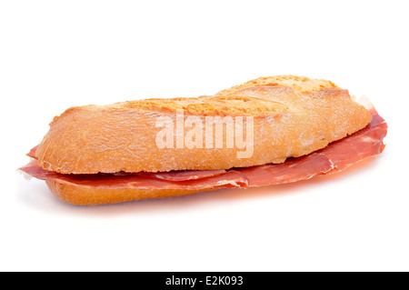 closeup of a spanish bocadillo de jamon serrano, a serrano ham sandwich, on a white background Stock Photo