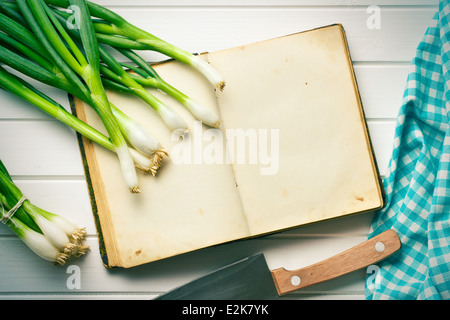 the old recipe book with spring onion Stock Photo