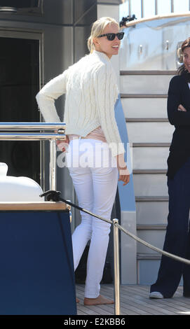 Karolina Kurkova leaving Robert Cavalli's yacht along with her son Tobin Jack Dury during the 66th Cannes Film Festival.  Where: Stock Photo