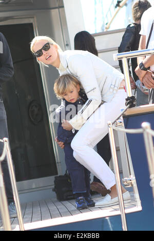 Karolina Kurkova leaving Robert Cavalli's yacht along with her son Tobin Jack Dury during the 66th Cannes Film Festival.  Where: Stock Photo