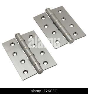 A regular open brushed metal door hinges on an isolated background Stock Photo