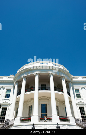 WASHINGTON DC, USA - Close shot of the South Portico of the White House in Washington DC. This side of the building is the better known side and faces the Washington Monument and Jefferson Memorial. This shot is taken from close under portico on the South Lawn. Stock Photo