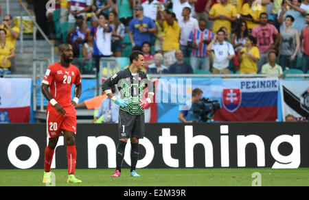 Salvador da Bahia, Brazil. 20th June, 2014.Switzerland's Johan Djourou (L) and goalkeeper Diego Benaglio look dejected after the 0-2 during the FIFA World Cup 2014 group E preliminary round match between Switzerland and France at the Arena Fonte Nova Stadium in Salvador da Bahia, Brazil, 20 June 2014 Credit:  dpa picture alliance/Alamy Live News Stock Photo