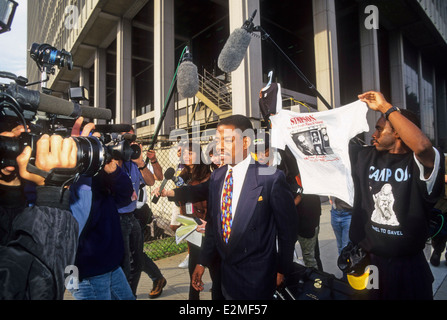 LOS ANGELES, CA – MARCH 1: Media outside the courthouse at the O.J. Simpson’s trial in Los Angeles, California on March 1, 1995. Stock Photo
