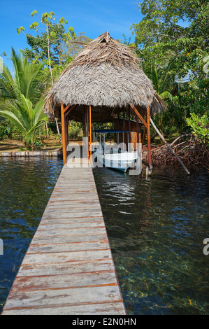A boathouse with thatched palm roof and its dock Stock Photo