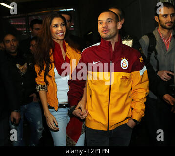 Dutch Footballler Wesley Sneijder attends a press conference after a health check in Istanbul. Sneijder has signed 3.5 years contract with Galatasaray Football club.  Featuring: Wesley Sneijder,Yolanthe Cabau van Kasbergen Where: Istanbul, Turkey When: 22 Jan 2013 Stock Photo