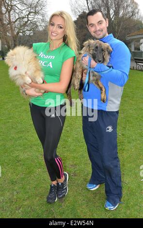 Former Miss World and Playboy cover girl Rosanna Davison poses with her dog Ted to encourage women to take part in the Flora Woman's Mini-Marathon to raise funds for the ISPCA  Featuring: Rosanna Davison,Ted,Karl Henry Where: Dublin, Ireland When: 05 Mar Stock Photo