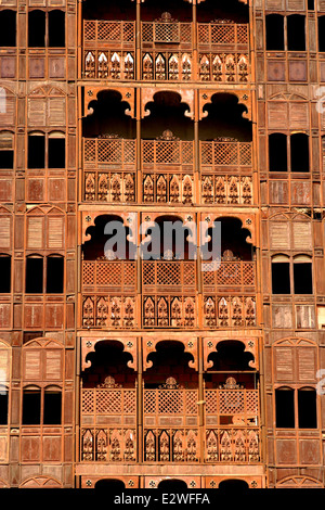 Wooden balconies, Al-Balad district, Historic Jeddah Unesco World Heritage site, Jeddah, Kingdom of Saudi Arabia Stock Photo