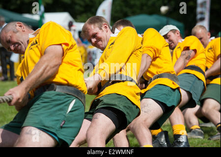 Lincoln, UK. 21st June, 2014. Members of the Lincoln Tug of War Team anticipating the beginning of the heat in the Men's 700kg class. Lincoln are European Open Club Champions. The winners will be invited to compete in the World Championships in Winconsin, USA. Credit:  David Mark/Alamy Live News Stock Photo