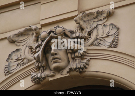 Aviation. Allegorical mascaron by Czech sculptor Karel Novák on the Municipal House in Prague, Czech Republic. Stock Photo