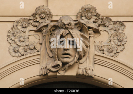 Philosophy. Allegorical mascaron by Czech sculptor Karel Novák on the Municipal House in Prague, Czech Republic. Stock Photo
