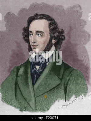 Felix Mendelssohn (1809-1847). German composer, pianist, organist and conductor. Romantic period. Engraving. Color. Stock Photo