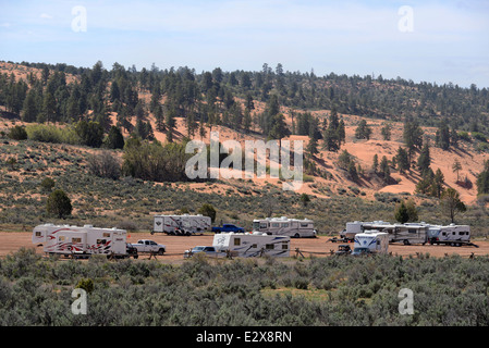 Staging area for dune buggies and other motorized off road vehicles, Coral Pink Sand Dunes State Park, Utah. Stock Photo