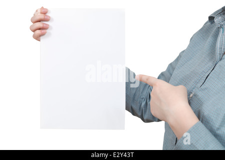 forefinger points on blank paper in female hand isolated on white background Stock Photo