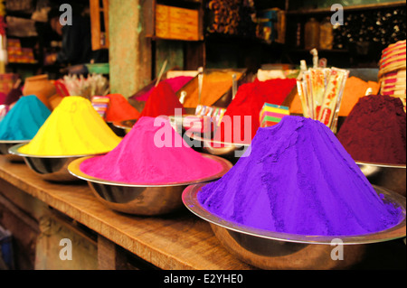 Bowls of vibrant colored dyes in India Stock Photo