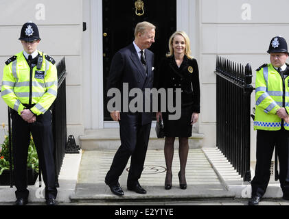 Sir Mark Thatcher and Sarah Jane leaving Margaret Thatcher's house  Featuring: Sir Mark Thatcher,Sarah Jane Where: London, United Kingdom When: 16 Apr 2013 Stock Photo