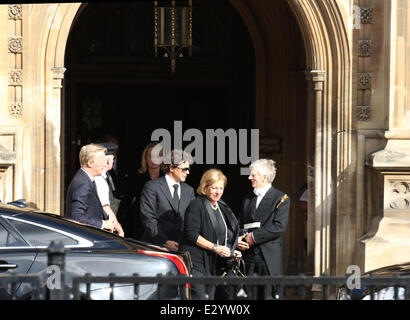 Family and friends of Baroness Margaret Thatcher depart the Chapel of St Mary Undercroft after the private service  Featuring: Sir Mark Thatcher,Sarah Jane Thatcher Where: London, United Kingdom When: 16 Apr 2013 Stock Photo