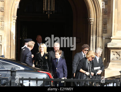 Family and friends of Baroness Margaret Thatcher depart the Chapel of St Mary Undercroft after the private service  Featuring: Sir Mark Thatcher,Sarah Jane Thatcher,Jonny Russell,Harry Russell Where: London, United Kingdom When: 16 Apr 2013 Stock Photo