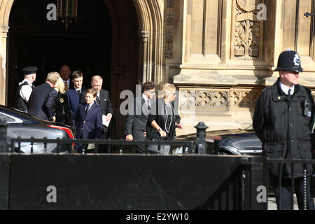 Family and friends of Baroness Margaret Thatcher depart the Chapel of St Mary Undercroft after the private service  Featuring: Sir Mark Thatcher,Sarah Jane Thatcher,Jonny Russell,Harry Russell Where: London, United Kingdom When: 16 Apr 2013 Stock Photo