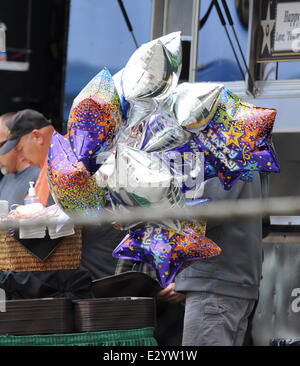 Actor Seth Rogen gets a surprise visit on his birthday from his wife Lauren Miller on the set of 'Townies'  Featuring: Atmosphere Where: Los Angeles, CA, United States When: 15 Apr 2013 Stock Photo