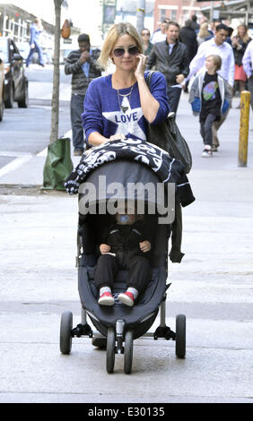 Kate Hudson takes her son Bingham Hawn Bellamy out in a stroller and head for lunch with family at Bubby's restaurant in Manhattan  Featuring: Kate Hudson,Bingham Bellamy Where: New York City, NY, United States When: 17 Apr 2013 Stock Photo