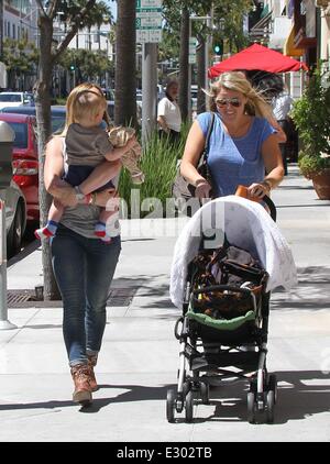 Hilary Duff seen out and about with her son Luca Comrie in Beverly Hills  Featuring: Hilary Duff,Luca Comrie Where: Los Angeles, California, United States When: 18 Apr 2013 Stock Photo