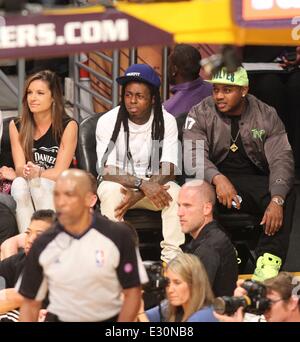 Celebrities watch the LA Lakers playoff game at the Staples Center