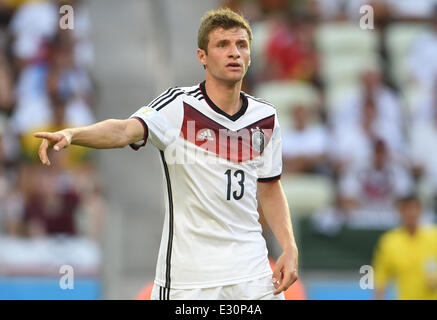 Fortaleza, Brazil. 21st June, 2014. Germany's Thomas Mueller gestures during the FIFA World Cup 2014 group G preliminary round match between Germany and Ghana at the Estadio Castelao Stadium in Fortaleza, Brazil, 21 June 2014. Photo: Andreas Gebert/dpa/Alamy Live News Stock Photo