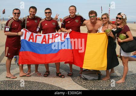 Rio de Janeiro, Brazil. 22nd June, 2014. 2014 FIFA World Cup Brazil. Russian and Belgian fans meet at Copacabana Beach the day before their national teams play at Maracanã. Rio de Janeiro, Brazil, 21st June, 2014. Credit:  Maria Adelaide Silva/Alamy Live News Stock Photo