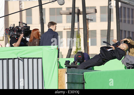 Scarlett Johansson and Chris Evans filming scenes for their new movie 'Captain America: Winter Soldier' on location in Los Angeles  Featuring: Scarlett Johannsson,Chris Evans Where: Los Angeles, California, United States When: 29 Apr 2013