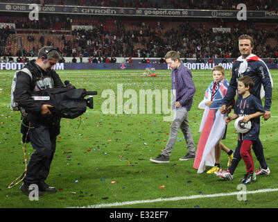 David Beckham plays his last match before retirement with Paris St. Germain (PSG) where the team beat Brest. Paris St Germain (Brest PSG) resulting in them winning the French league  Featuring: Brooklyn Beckham,Cruz Beckham,David Beckham,Romeo Beckham Whe Stock Photo