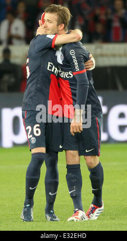 David Beckham plays his last match before retirement with Paris St. Germain (PSG) where the team beat Brest. Paris St Germain (Brest PSG) resulting in them winning the French league  Featuring: David Beckham Where: Paris, France When: 18 May 2013 Stock Photo