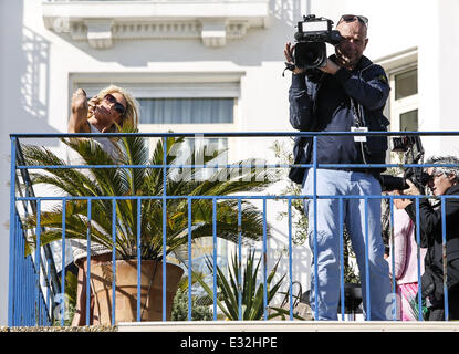 Victoria Silvstedt films on the balcony of the Grand Hyatt Cannes Hotel Martinez during day 6 of the 66th Cannes Film Festival  Featuring: Victoria Silvstedt Where: Cannes, France When: 20 May 2013 Stock Photo