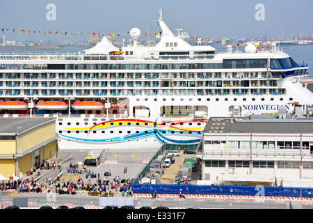 Norwegian Spirit cruise ship docked at Venice for disembarking holidaymakers at end of vacation Stock Photo