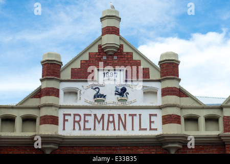 The top of the entrance to the Fremantle Markets, showing the word 'Fremantle' and the black swam motif of Western Australia Stock Photo