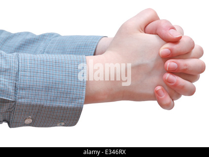 side view of clenched hands - hand gesture isolated on white background Stock Photo