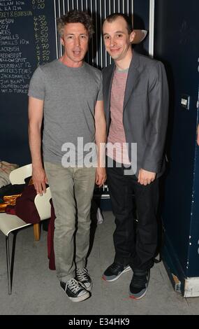 The cast of Love/Hate, both alive and dead, have a drink with Tom Vaughan Lawlor after his performance in the Mark O'Rowe play 'Howie The Rookie' at the Project Arts Centre  Featuring: Aidan Gillen,Tom Vaughan Lawlor Where: Dublin, Ireland When: 18 Jun 2013 Stock Photo