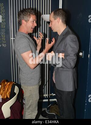 The cast of Love/Hate, both alive and dead, have a drink with Tom Vaughan Lawlor after his performance in the Mark O'Rowe play 'Howie The Rookie' at the Project Arts Centre  Featuring: Aidan Gillen,Tom Vaughan Lawlor Where: Dublin, Ireland When: 18 Jun 2013 Stock Photo