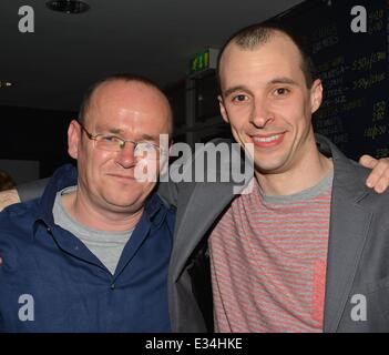 The cast of Love/Hate, both alive and dead, have a drink with Tom Vaughan Lawlor after his performance in the Mark O'Rowe play 'Howie The Rookie' at the Project Arts Centre  Featuring: Mark O'Rowe,Tom Vaughan Lawlor Where: Dublin, Ireland When: 18 Jun 201 Stock Photo