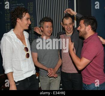The cast of Love/Hate, both alive and dead, have a drink with Tom Vaughan Lawlor after his performance in the Mark O'Rowe play 'Howie The Rookie' at the Project Arts Centre  Featuring: Robert Sheehan,Aidan Gillen,Tom Vaughan Lawlor,Laurence Kinlan Where: Stock Photo