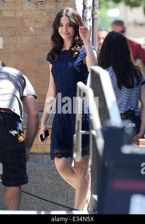 Actress Emmy Rossum on the set of 'Comet' filming in Downtown Los ...