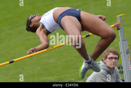 Braunschweig, Germany. 22nd June, 2014. French Dior Delophont during the high jump at the European Athletics Team Championships in the Eintracht Stadion in Braunschweig, Germany, 22 June 2014. Photo: Peter Steffen/dpa/Alamy Live News Stock Photo