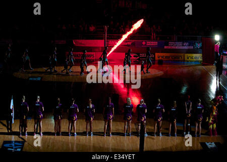 Melbourne, Victoria, Australia. 22nd June, 2014. The opening of the game with both sides coming onto the court during the match between the Melbourne Vixens and QLD Firebirds during the 2014 ANZ Championship Netball Grand Final at Hisense Arena. Credit:  Tom Griffiths/ZUMA Wire/ZUMAPRESS.com/Alamy Live News Stock Photo