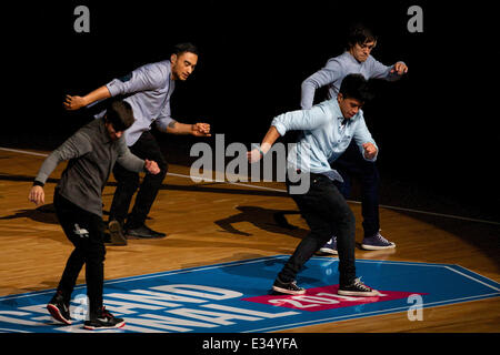 Melbourne, Victoria, Australia. 22nd June, 2014. The band JUSTICE CREW in action during the match between the Melbourne Vixens and QLD Firebirds during the 2014 ANZ Championship Netball Grand Final at Hisense Arena. Credit:  Tom Griffiths/ZUMA Wire/ZUMAPRESS.com/Alamy Live News Stock Photo