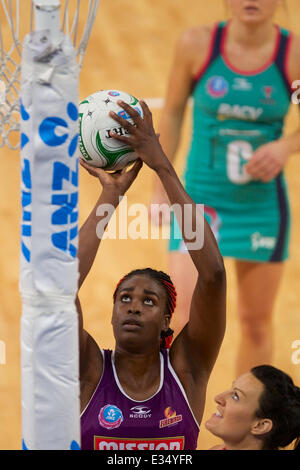 Melbourne, Victoria, Australia. 22nd June, 2014. ROMELDA AIKEN of the QLD Firebirds shoots for goal during the match between the Melbourne Vixens and QLD Firebirds during the 2014 ANZ Championship Netball Grand Final at Hisense Arena. Credit:  Tom Griffiths/ZUMA Wire/ZUMAPRESS.com/Alamy Live News Stock Photo