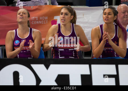 Melbourne, Victoria, Australia. 22nd June, 2014. The QLD Firebirds bench cheer on their side during the match between the Melbourne Vixens and QLD Firebirds during the 2014 ANZ Championship Netball Grand Final at Hisense Arena. Credit:  Tom Griffiths/ZUMA Wire/ZUMAPRESS.com/Alamy Live News Stock Photo